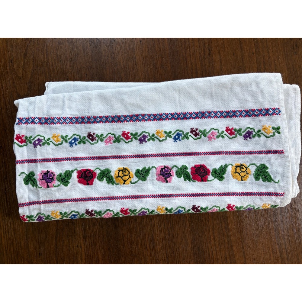 Vintage Embroidered Table Runner 100"  Long White Floral Folk Art Cross Stitch